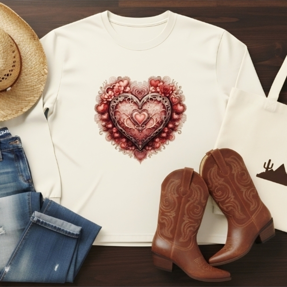 Layered Heart Long Sleeve Shirt • Romantic Boho Heart Top • Red Pink Burgundy